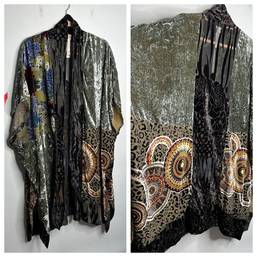 Chico’s Boho Burnout Velvet Patchwork Kimono Jacket One Size OS Cool Wine Aunt